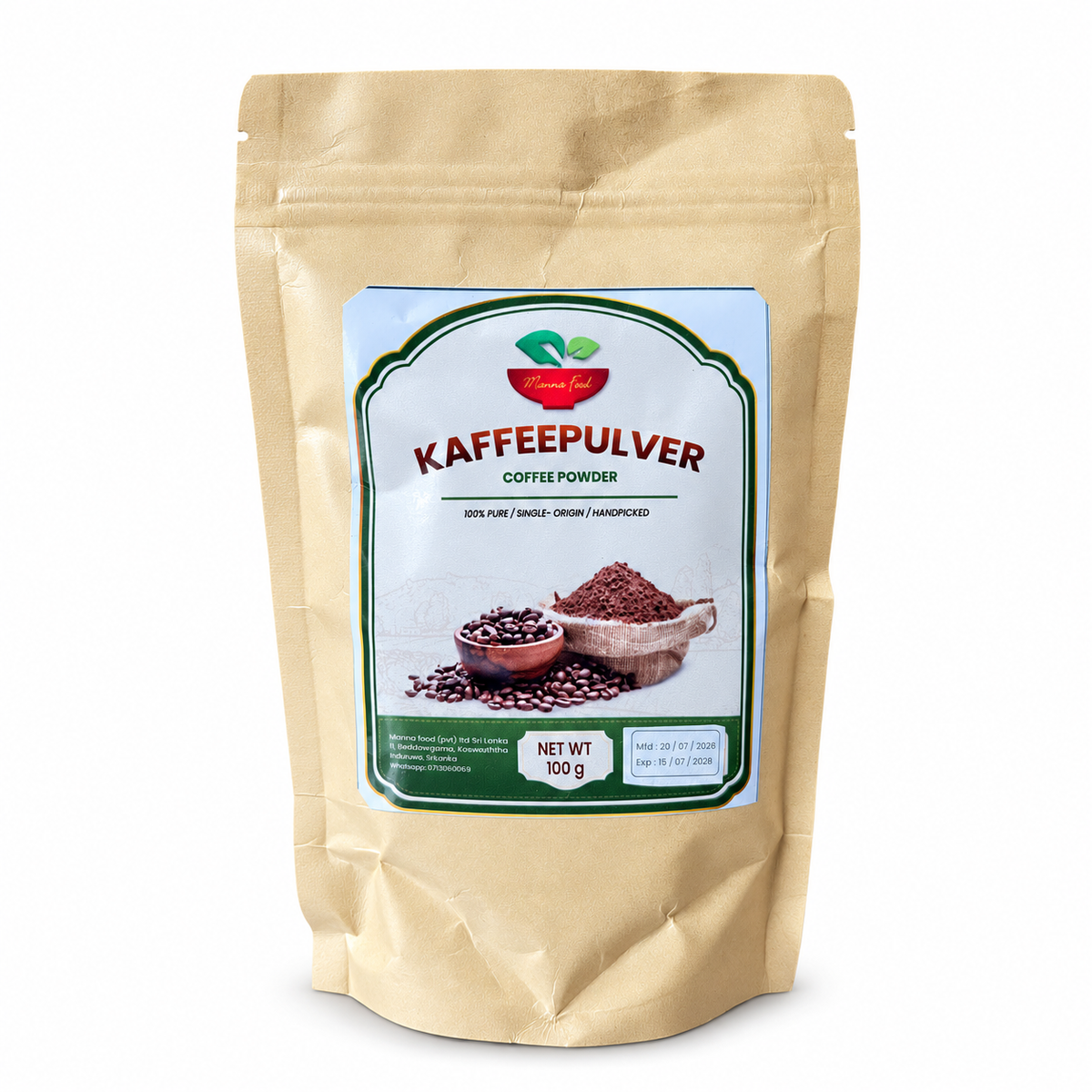 Ceylon-Kaffee, gemahlen, in der Manna-Verpackung auf weißem Hintergrund