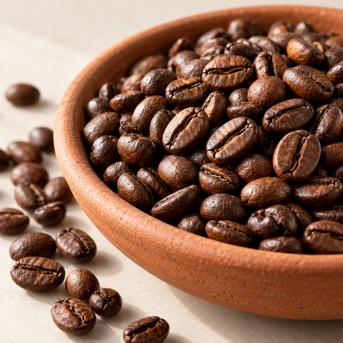Geröstete Kaffeebohnen in einer Detailansicht – illustrative Zutatendarstellung