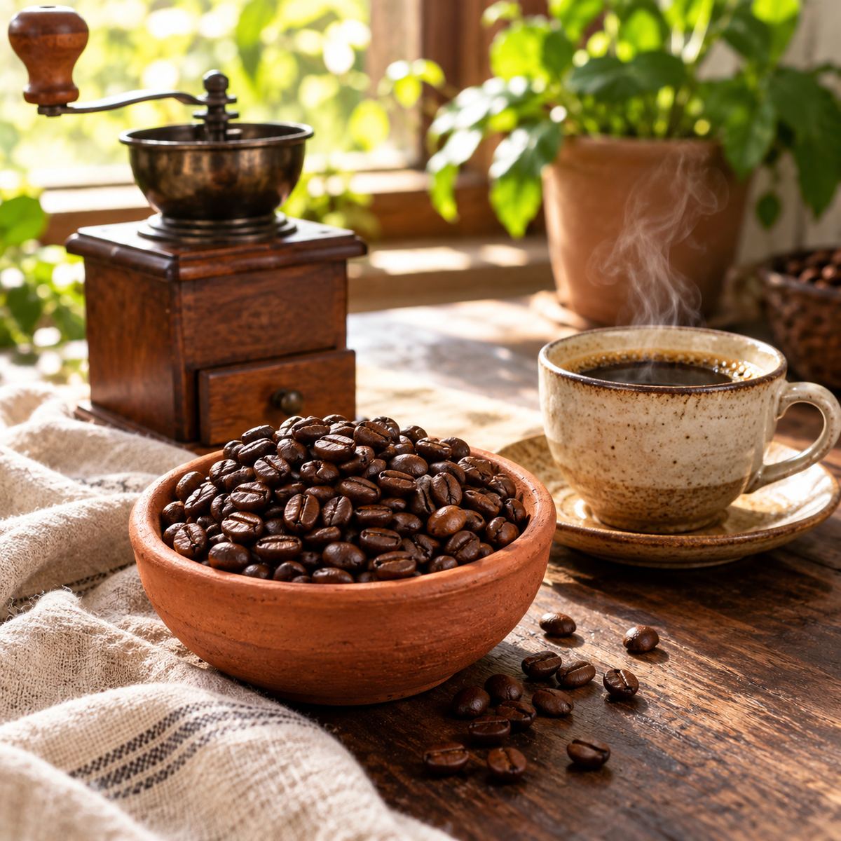 Geröstete Kaffeebohnen in warmem Morgenlicht als Serviervorschlag – illustrative Zutatendarstellung