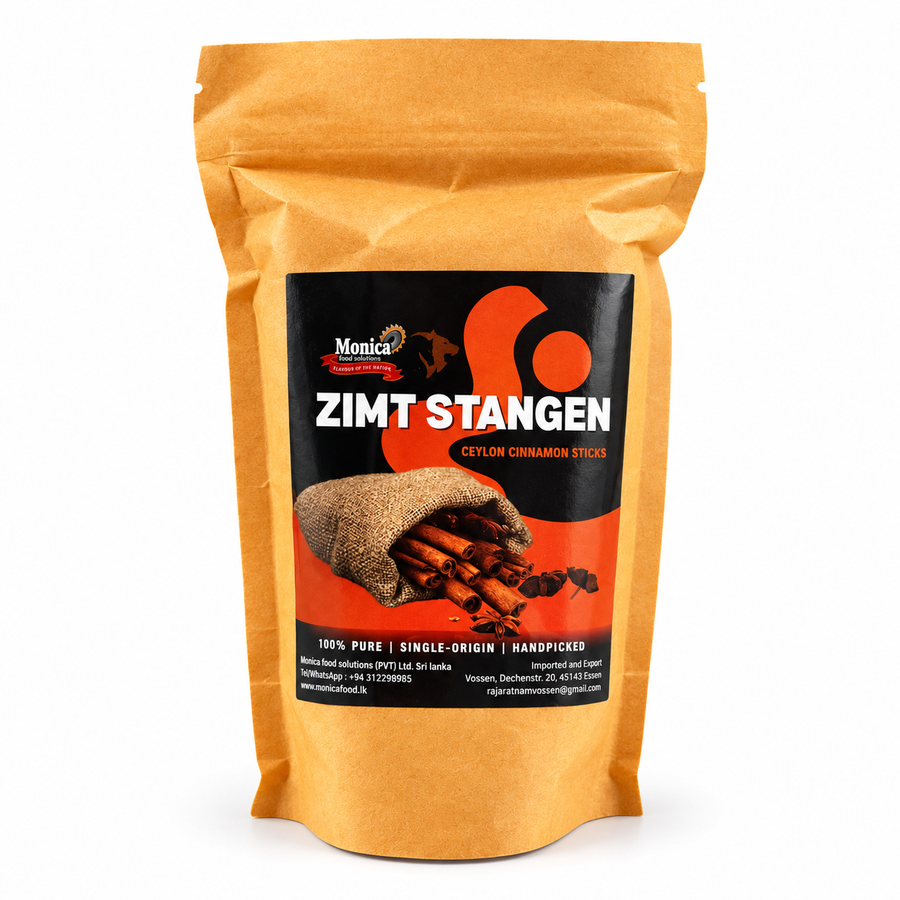 Ceylon-Zimtstangen von Monica in der Originalverpackung auf weißem Hintergrund