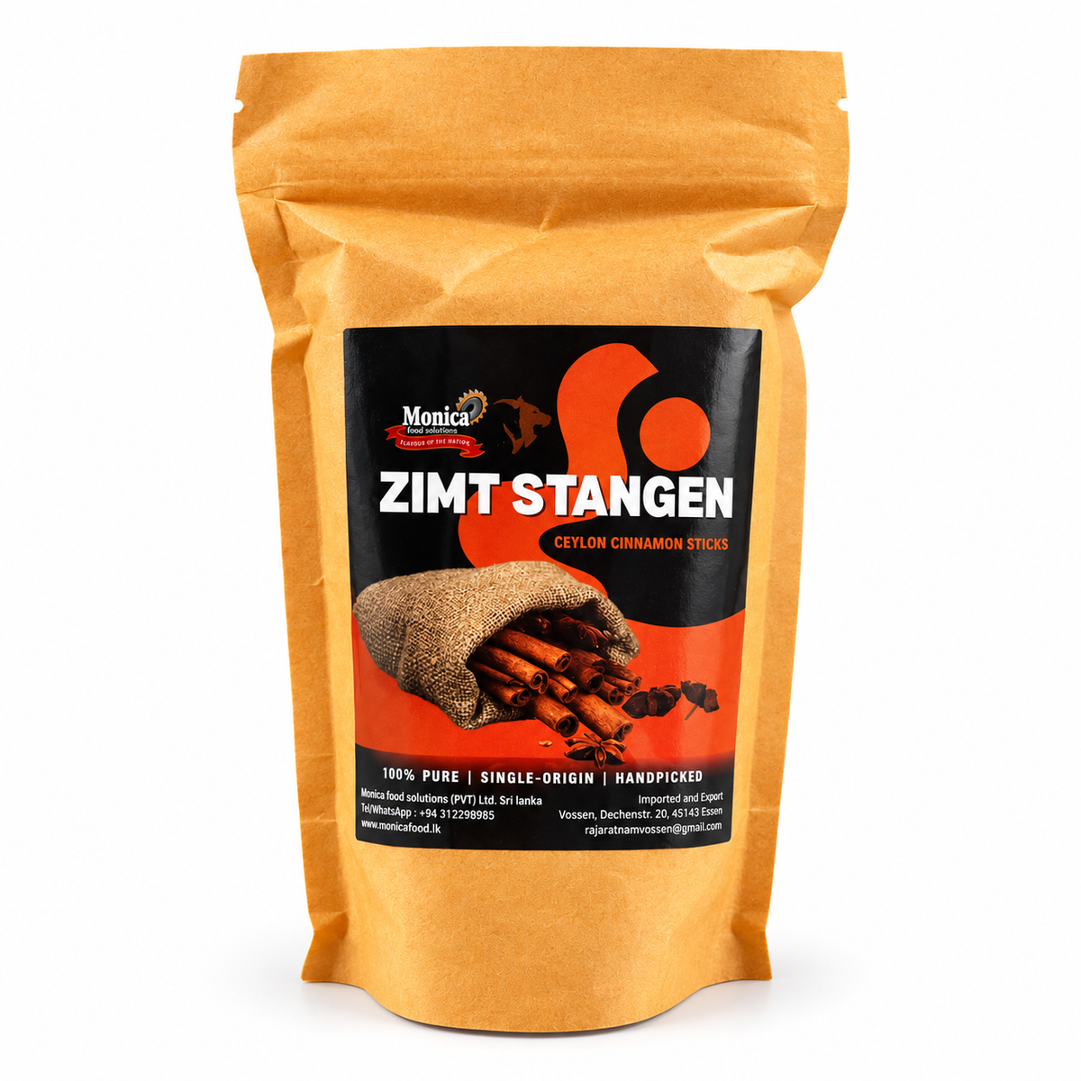 Ceylon-Zimtstangen von Monica in der Originalverpackung auf weißem Hintergrund