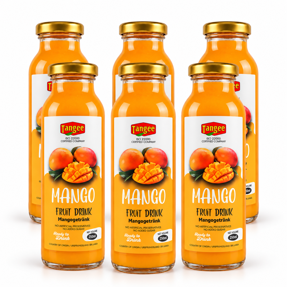 Tangee Mango 6er-Set: sechs Glasflaschen à 250 ml auf weißem Hintergrund.