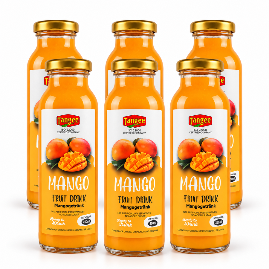 Tangee Mango 6er-Set: sechs Glasflaschen à 250 ml auf weißem Hintergrund.