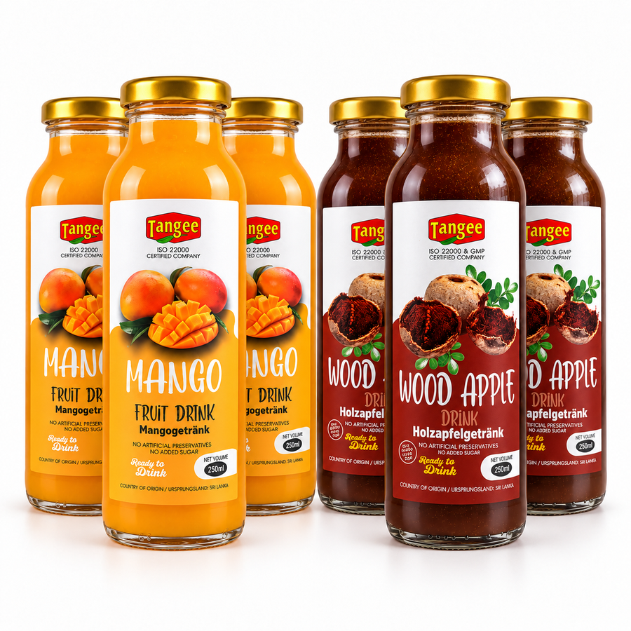 Tangee Mix: drei Mango- und drei Woodapple-Glasflaschen à 250 ml auf weißem Hintergrund.