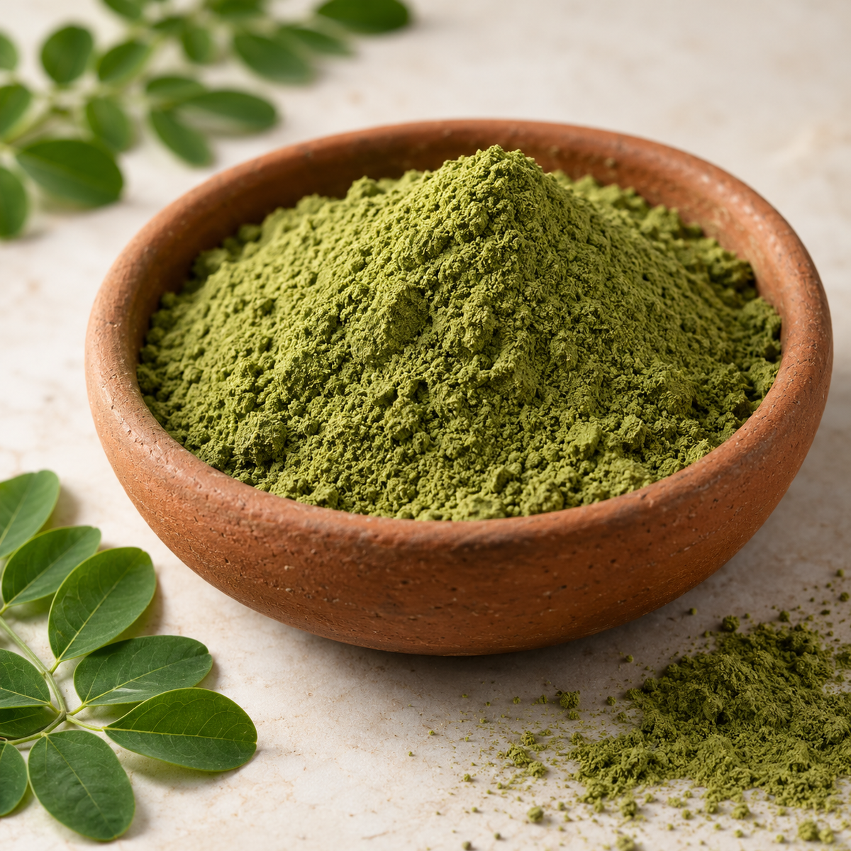 Moringa-Blattpulver in einer Detailansicht – illustrative Zutatendarstellung