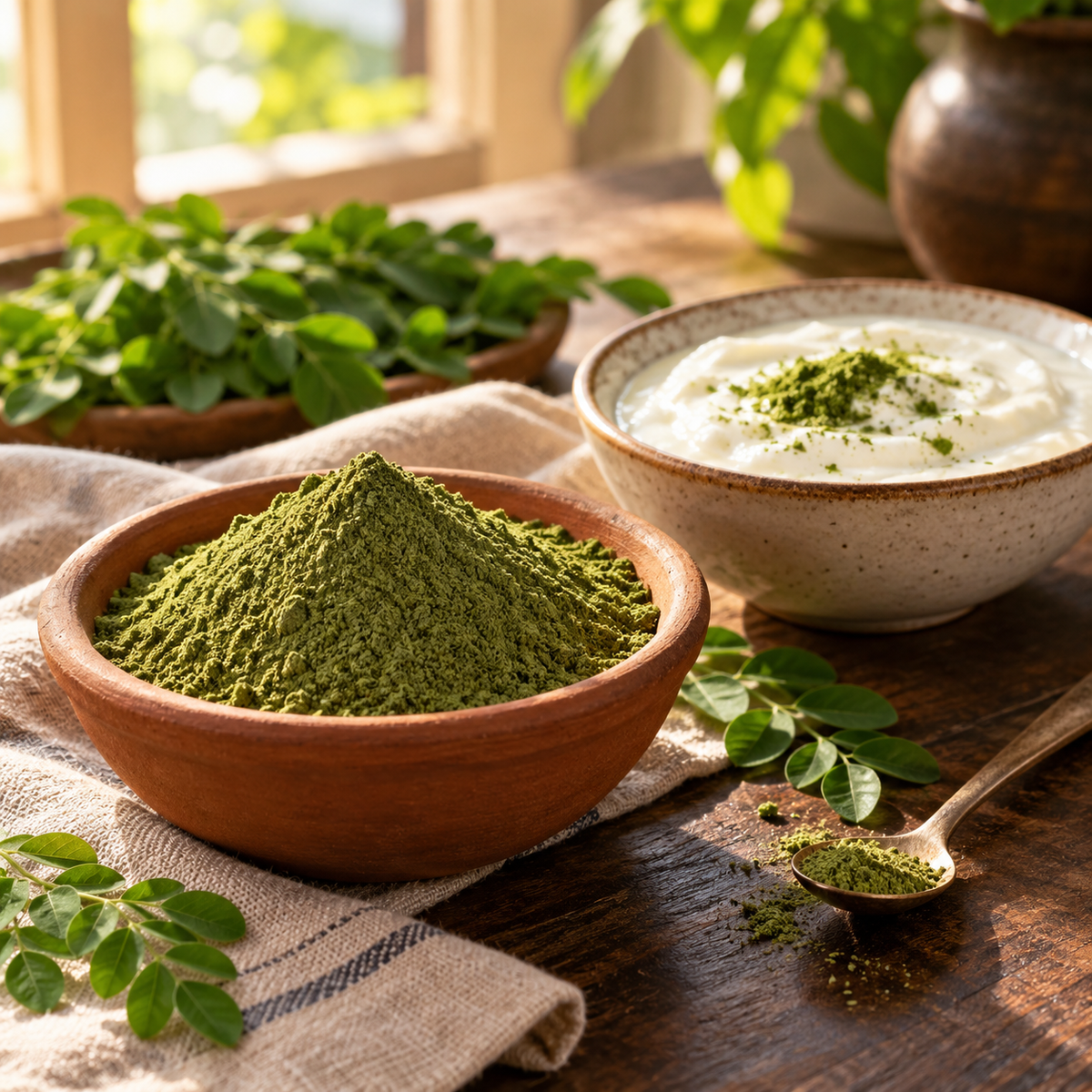 Moringa-Blattpulver in warmem Morgenlicht als Serviervorschlag – illustrative Zutatendarstellung